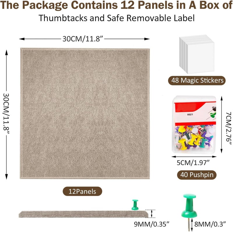 ZHIDIAN Felt Wall Tiles Bulletin Board with Removable Adhesive, 47"x35" Camel Cork Board Alternative with 40 Push Pins, 12 Pack Large Office Cork Tile Push Board Felt Squares for Walls - Image 2